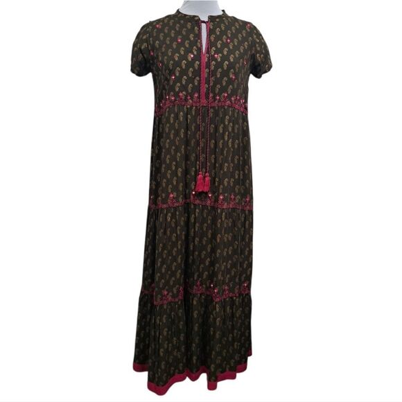 Fusion Printed Cultural Boho Tiered Paisley Midi Dress Olive/Pink Medium NWT - Picture 1 of 14